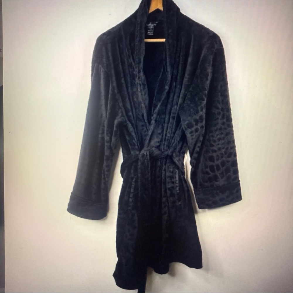 LA LINGERIE Women Black Plush Pockets Mid Length Bath Robe House Coat Size L